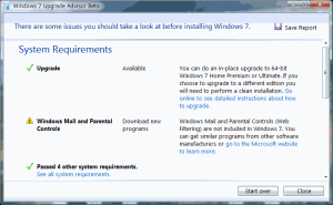 Windows 7 Upgrade Advisorの診断結果